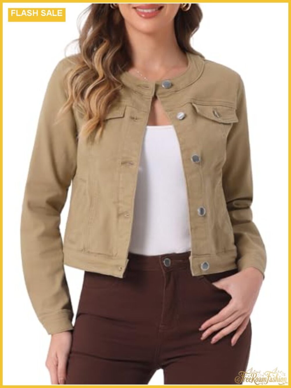 Women's Collarless Cropped Denim Jacket Casual Round Neck Long Sleeve Jean